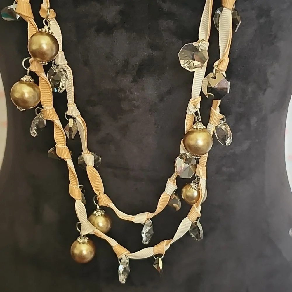 Ribbon and Silver Chain Beaded Necklace Signed JS 42 Inches 🌠